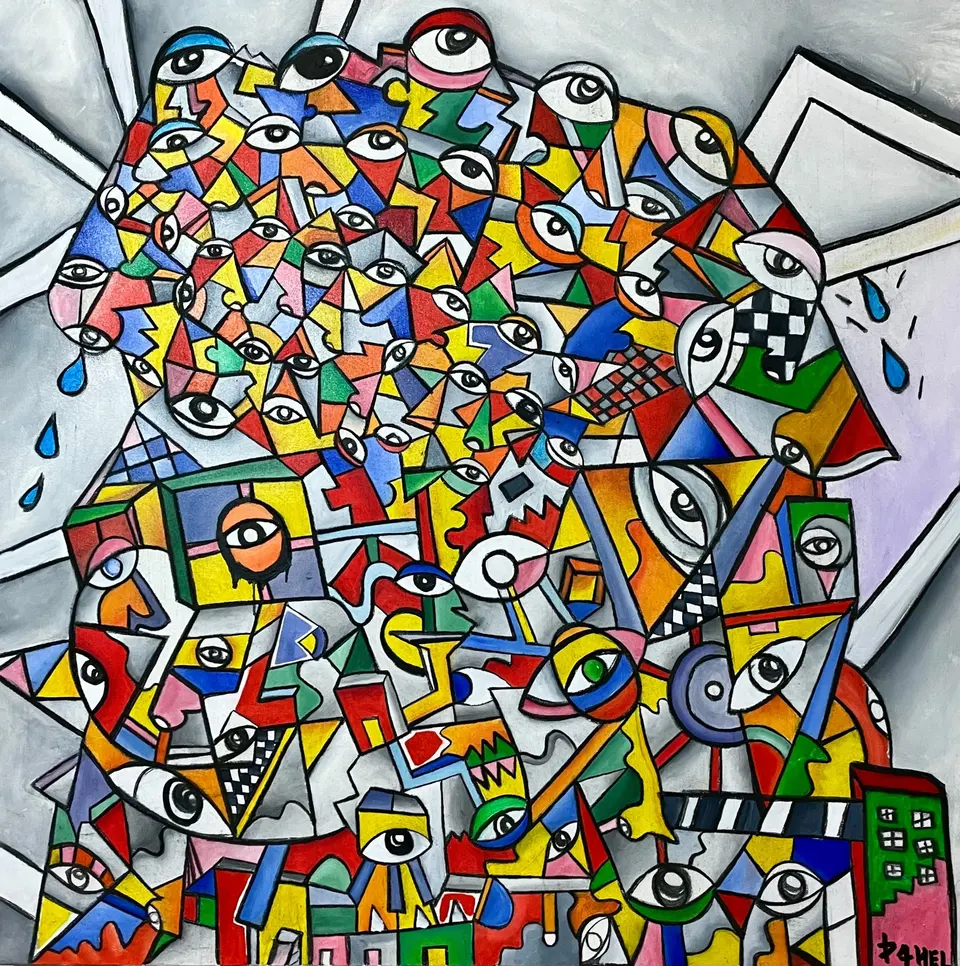 HUMAN TOWER, techniques mixtes sur toile, fusain, pastel gras, peinture à l'huile, 2020, par P4NEL
